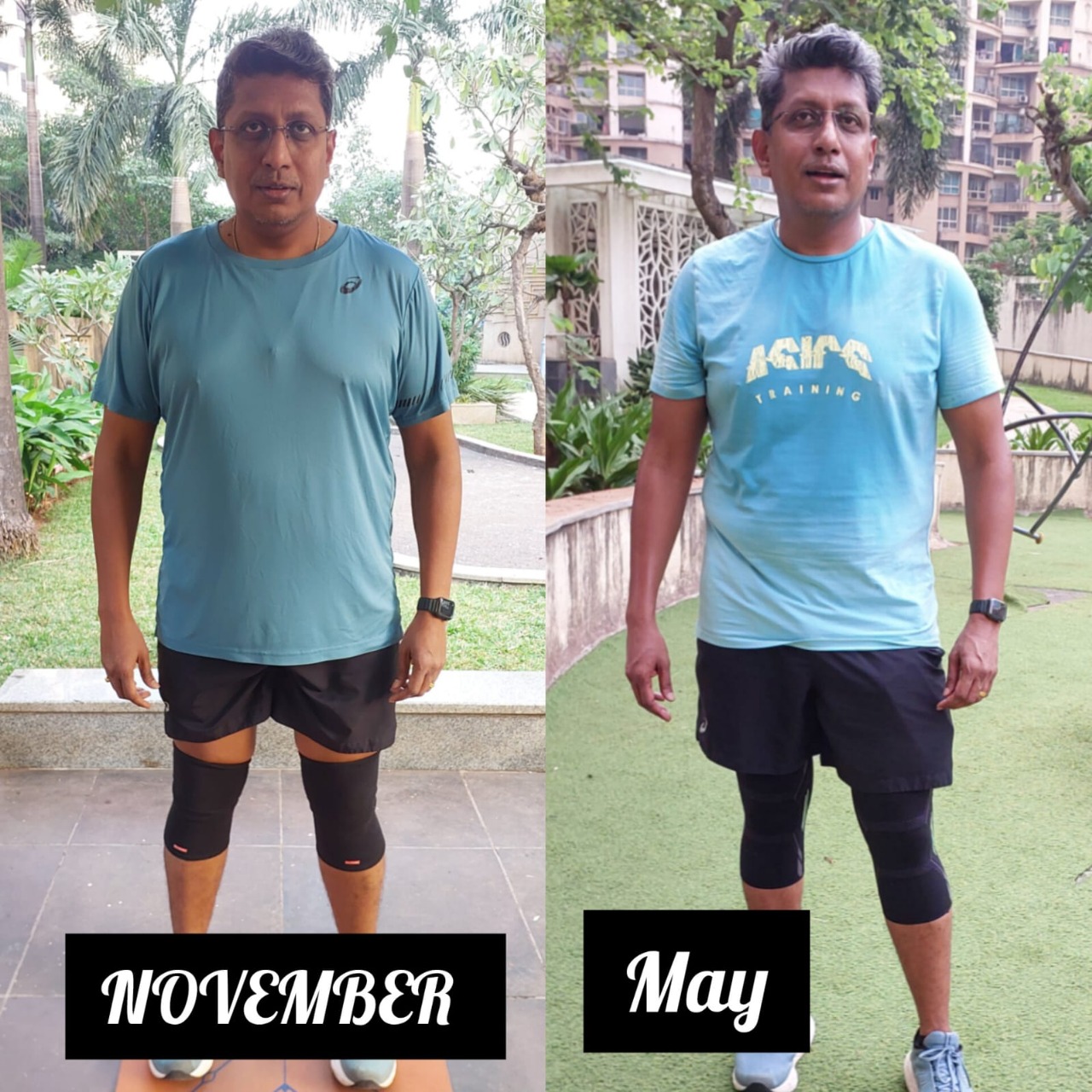 Member transformation from November to May — visible fat loss